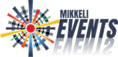 Logo for Mikkeli Events featuring colorful rays emanating from a central red circle, with the text 'Mikkeli Events'.