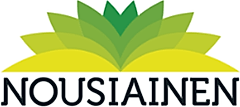 Logo of Nousiainen featuring layered green and yellow leaves with the brand name in bold black letters.