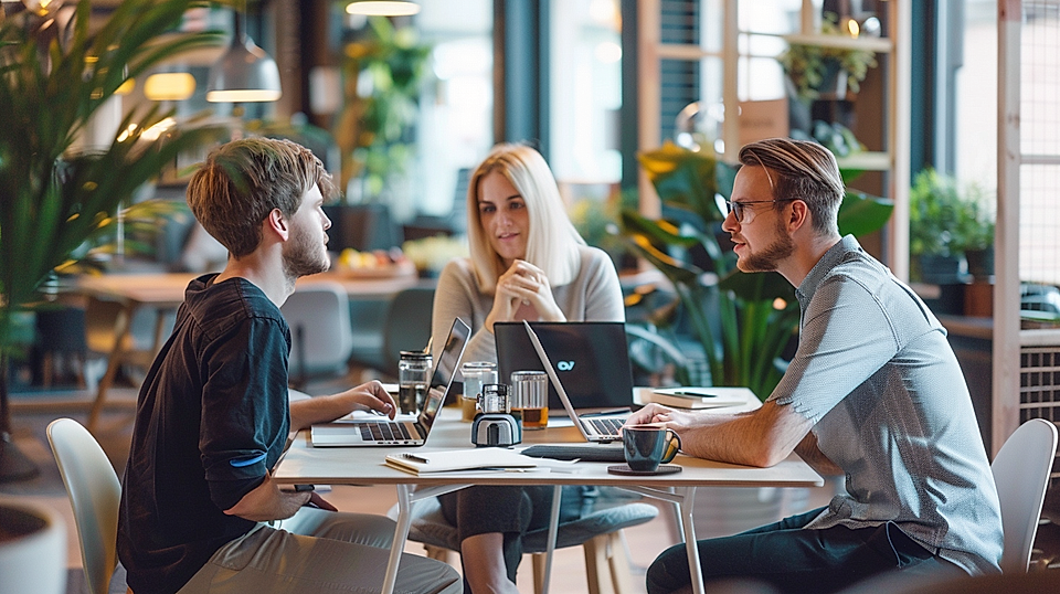 Three coworkers meeting at a table with laptops in a modern office lounge with plants.