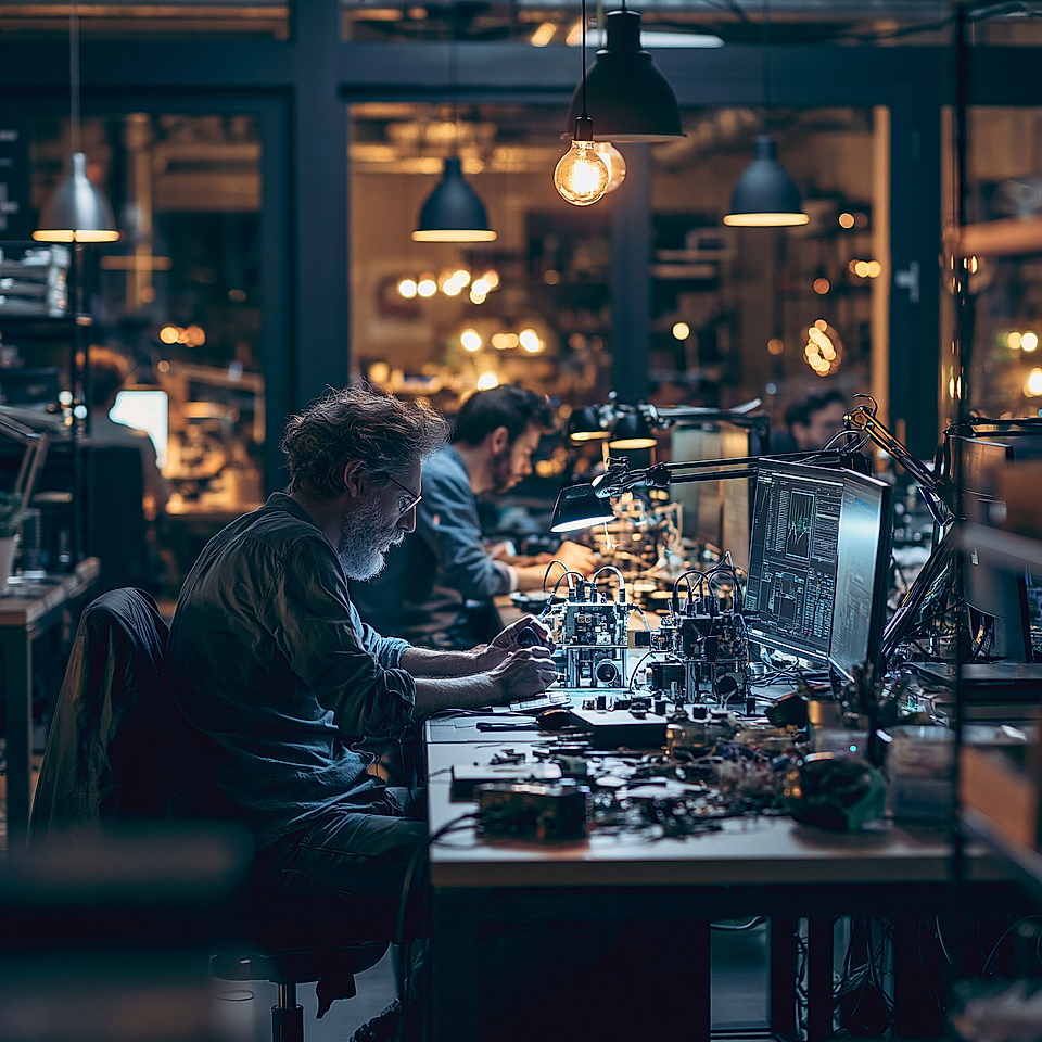Engineers working on electronics prototypes at a collaborative desk in a modern lab