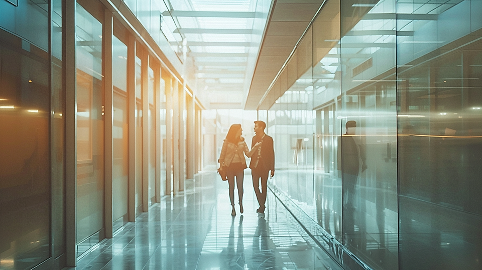 Two business professionals walking through a modern glass office corridor with sunlight streaming in.