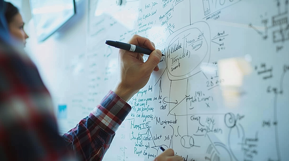 Hand writing on a glass whiteboard covered with business strategy notes and diagrams