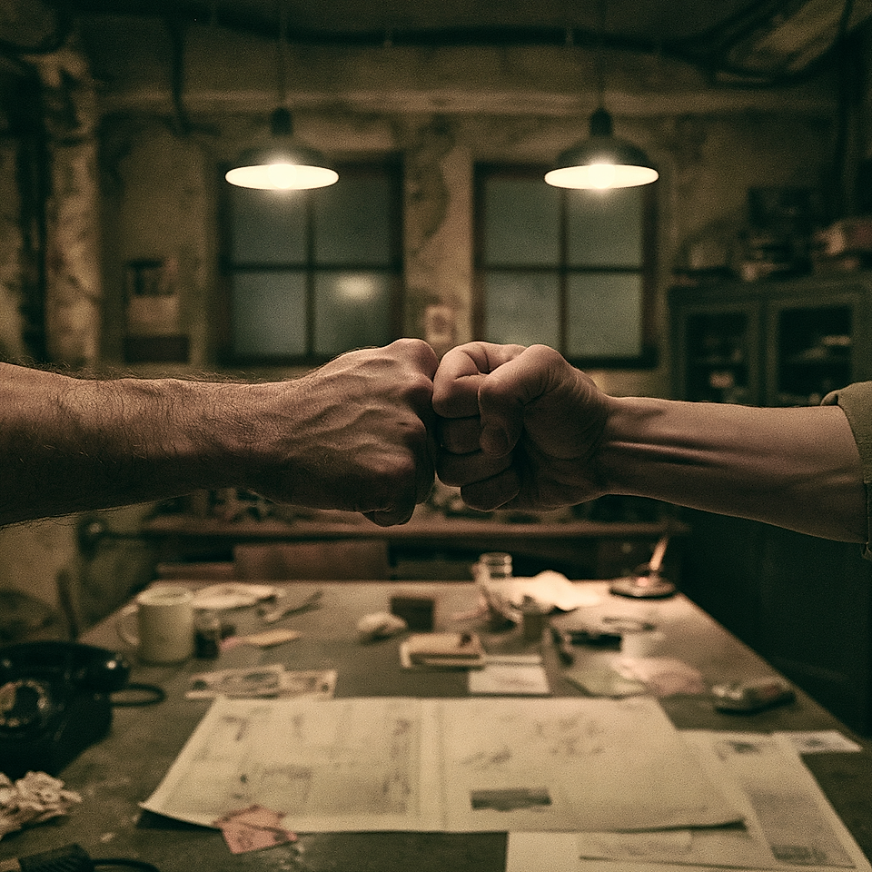 Two people fist bump over a cluttered office desk in an industrial-style meeting room