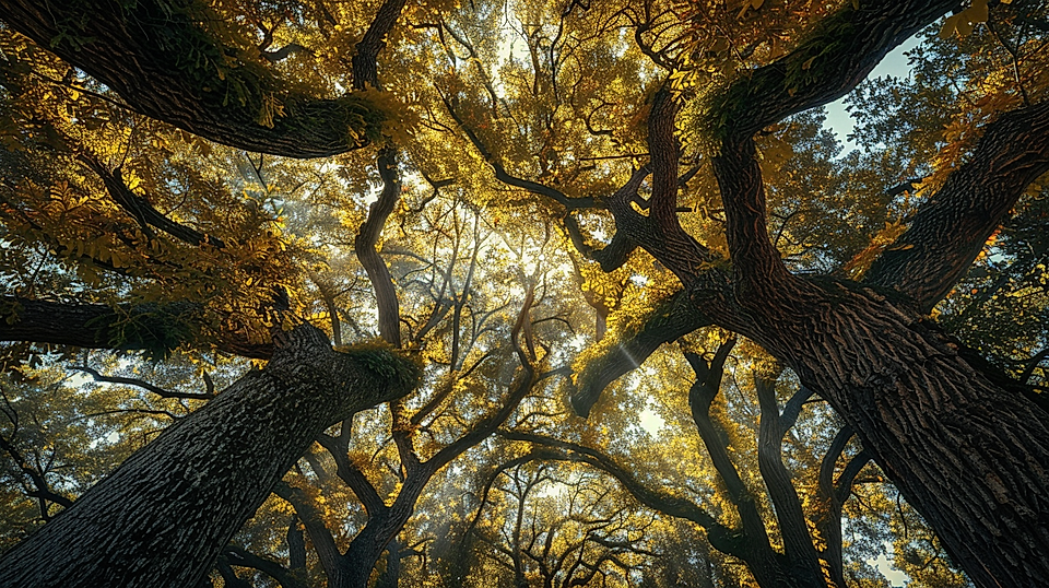 Sunlight filtering through a dense canopy of large trees with twisting branches and golden autumn leaves.