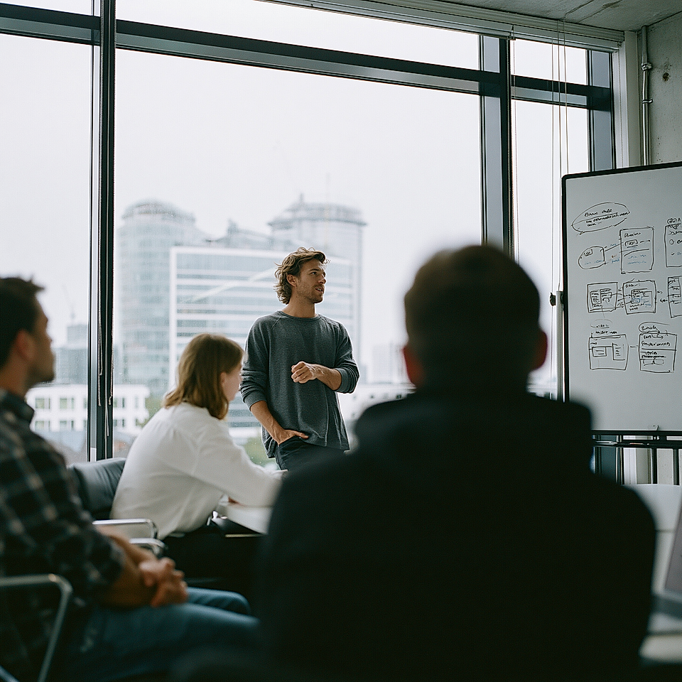 Team meeting in a modern office with presenter beside whiteboard and city view through large windows