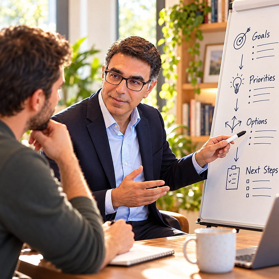 Business meeting with a man presenting goals, priorities, options, and next steps on a whiteboard