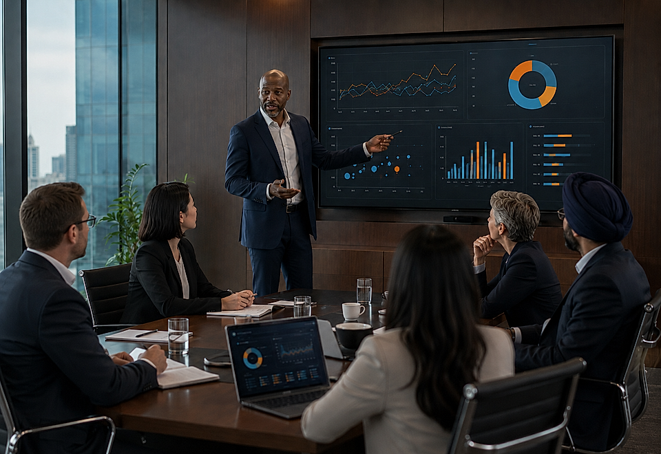 Business meeting with presenter pointing to analytics dashboard on a large screen