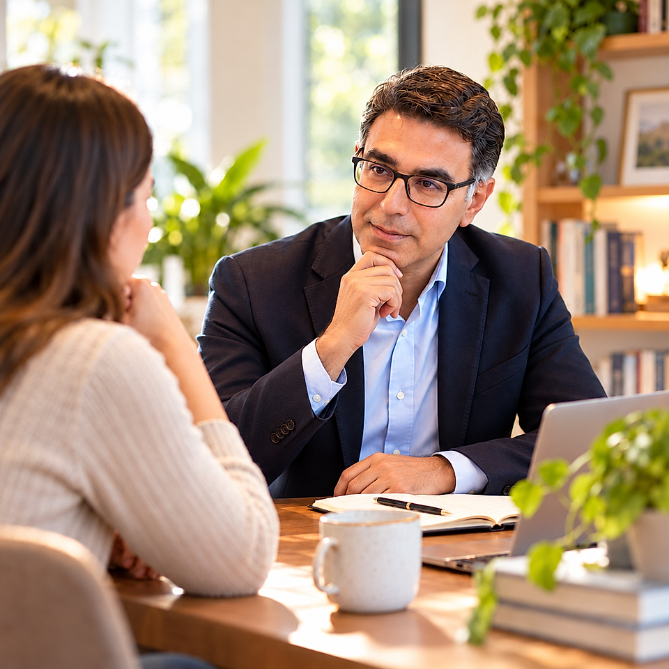 Business meeting with two people at a table, laptop, notebook, and coffee mug
