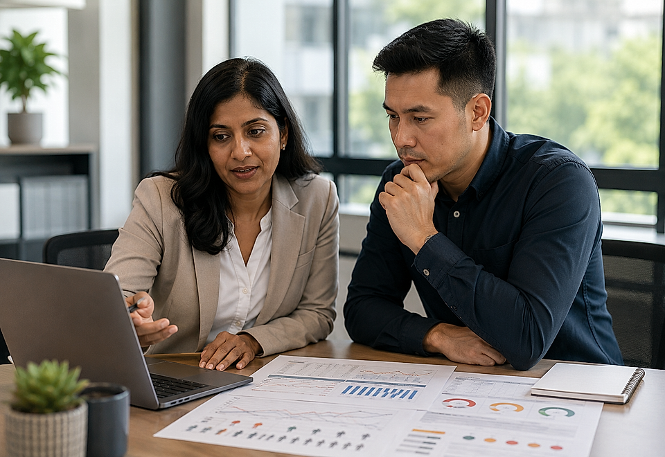 Two coworkers reviewing charts on a laptop and printed reports in an office