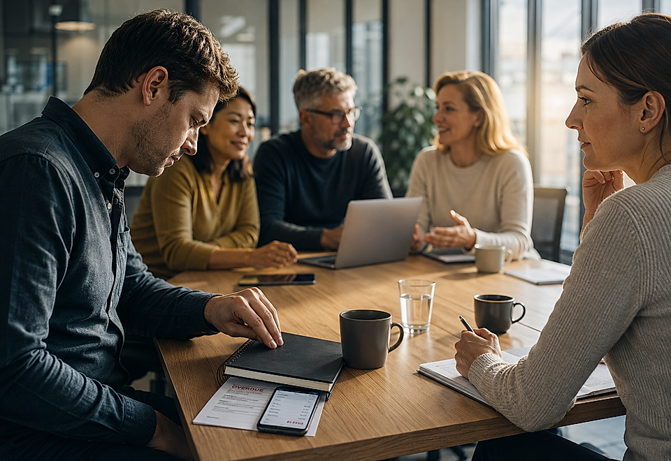 Business team in a meeting around a conference table with a laptop and notebooks