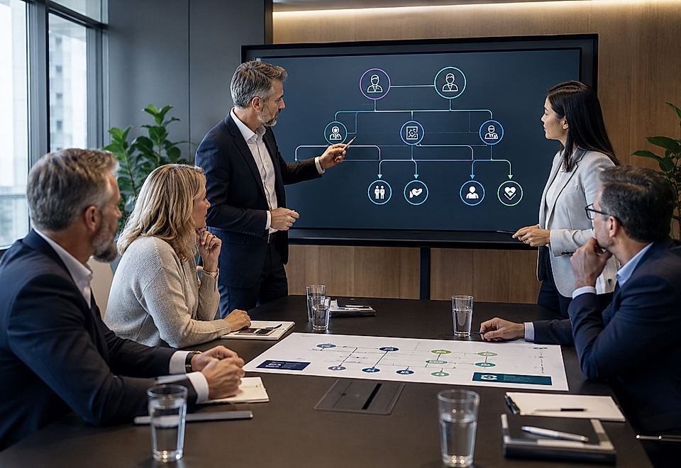 Business meeting with team reviewing an organizational chart on a large screen
