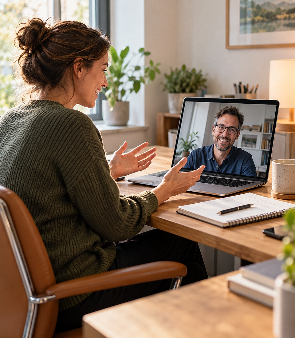 Woman video chatting with a man on a laptop at a home desk