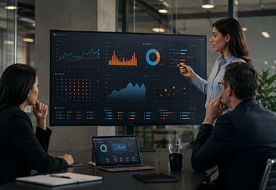 Business meeting with a large analytics dashboard showing charts and graphs