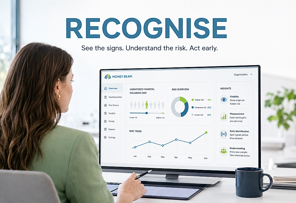 Woman viewing a risk analytics dashboard on a desktop monitor