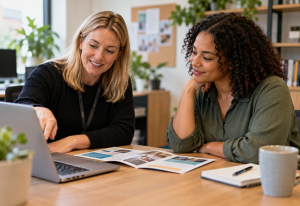 Two women reviewing documents on a laptop in an office