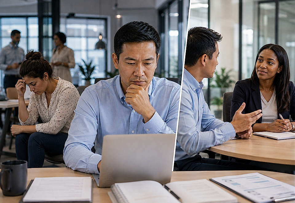 Office meeting scene with people looking stressed and discussing work at laptops and tables