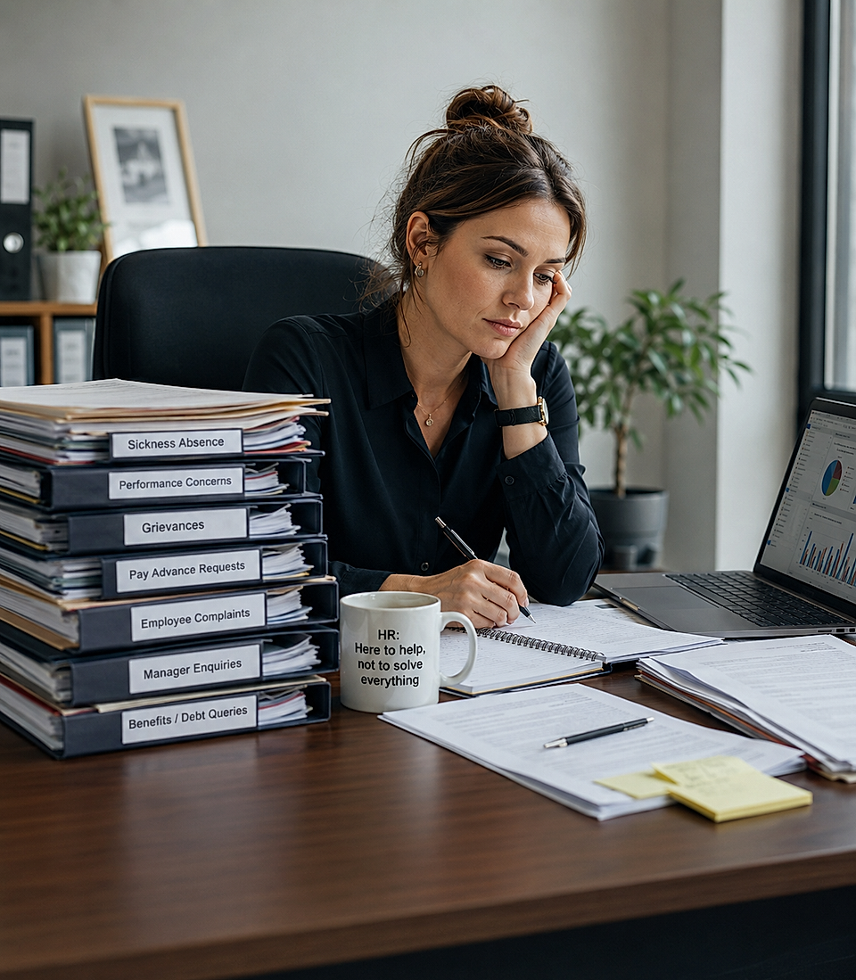 HR worker at desk with stacked complaint files and laptop charts