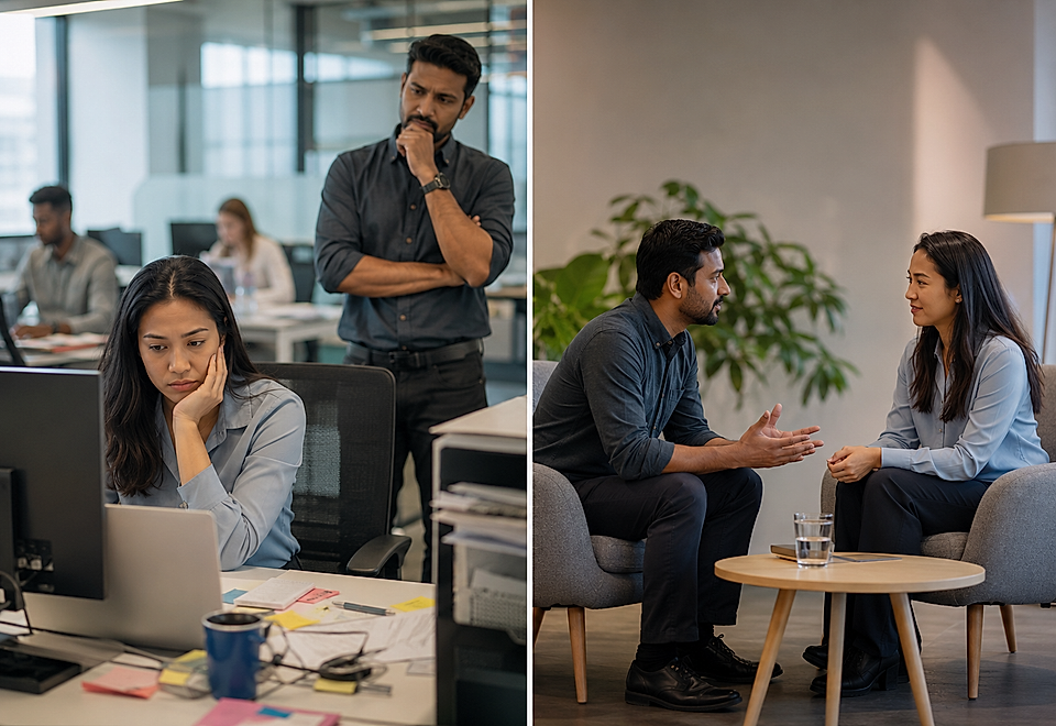 Office scene with one person working at a desk and another pair in conversation