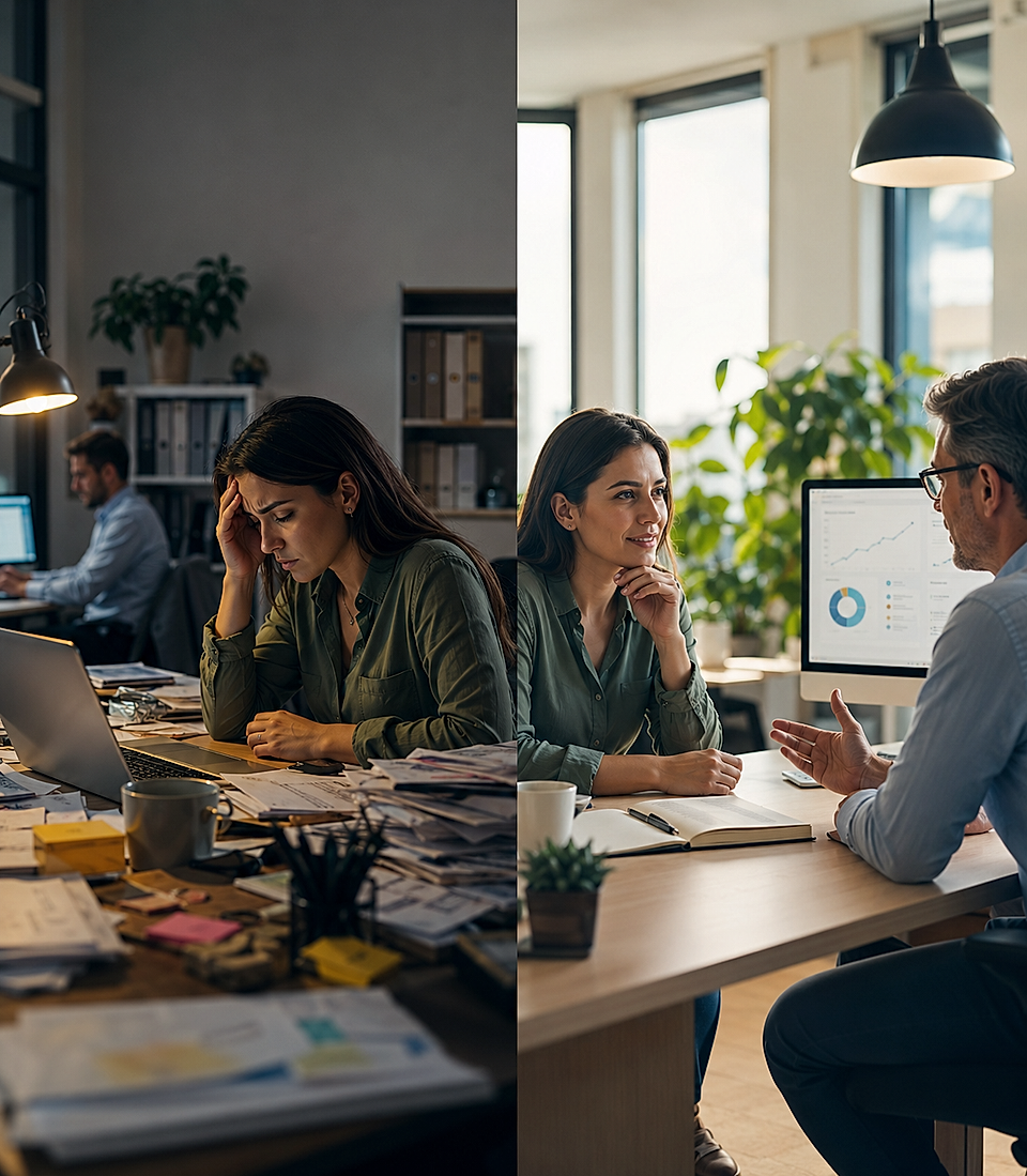 Split office scene showing a stressed worker at a cluttered desk and a business meeting by a monitor with charts.