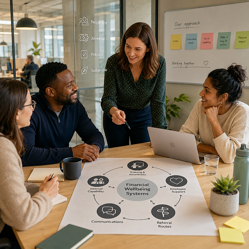 Team meeting around a poster for financial wellbeing systems with a laptop and whiteboard notes