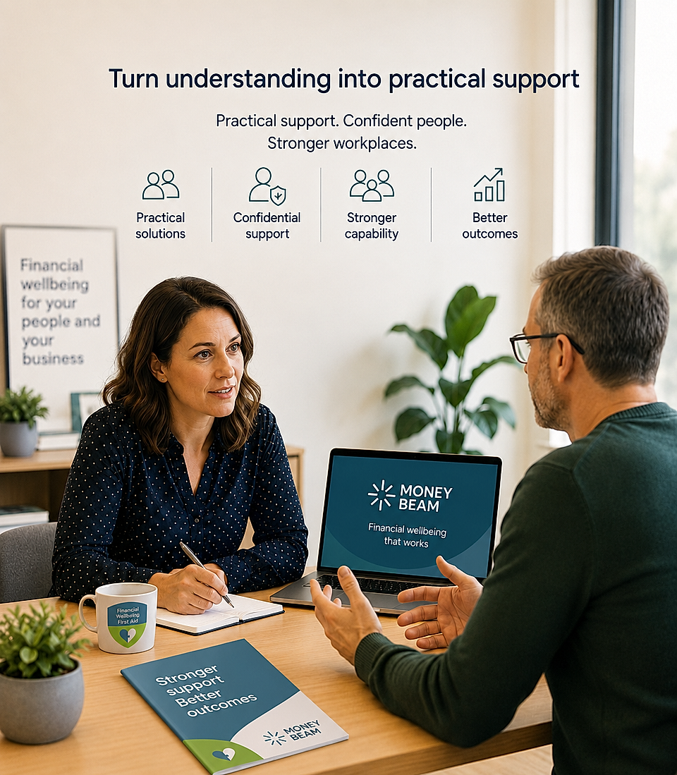 Business meeting scene with financial wellbeing branding, laptop, and presentation wall graphics