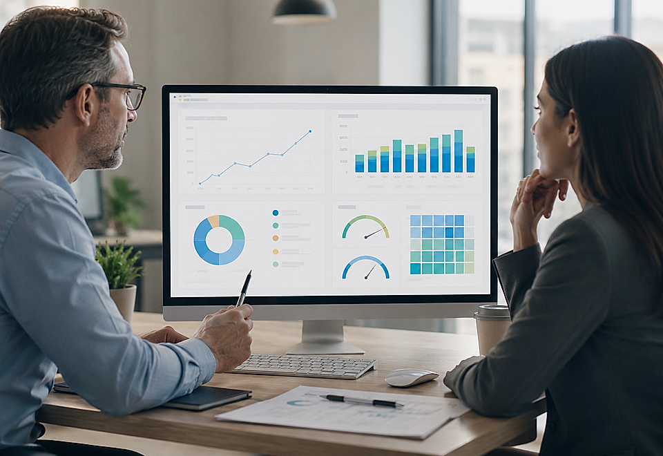 Office meeting with analytics dashboard showing line, bar, donut, and gauge charts
