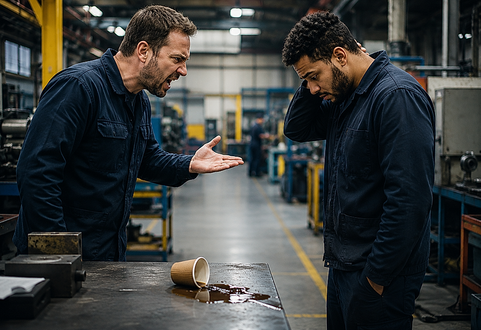 Two factory workers arguing near a spilled cup in an industrial workshop