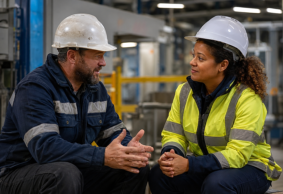 Two factory workers in hard hats and safety gear talking in an industrial facility