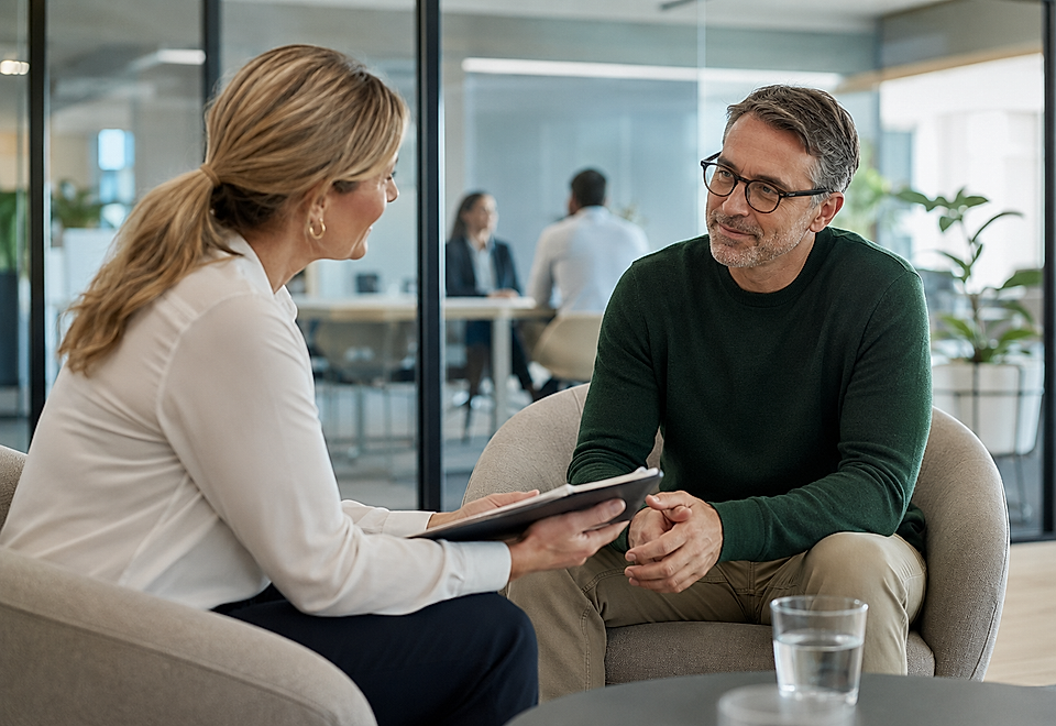 Two professionals in a glass-walled office discussing documents in a seated meeting