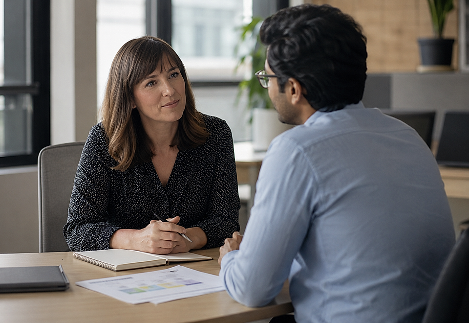 Two people in an office discussing documents at a desk