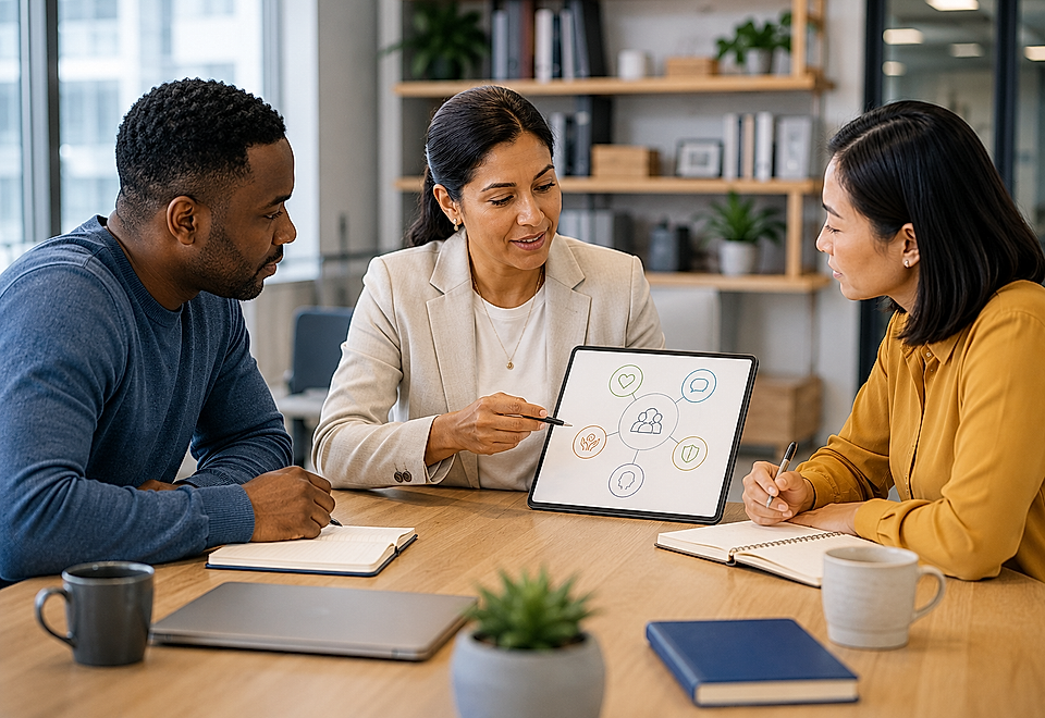 Three people in a meeting reviewing a tablet with team icons