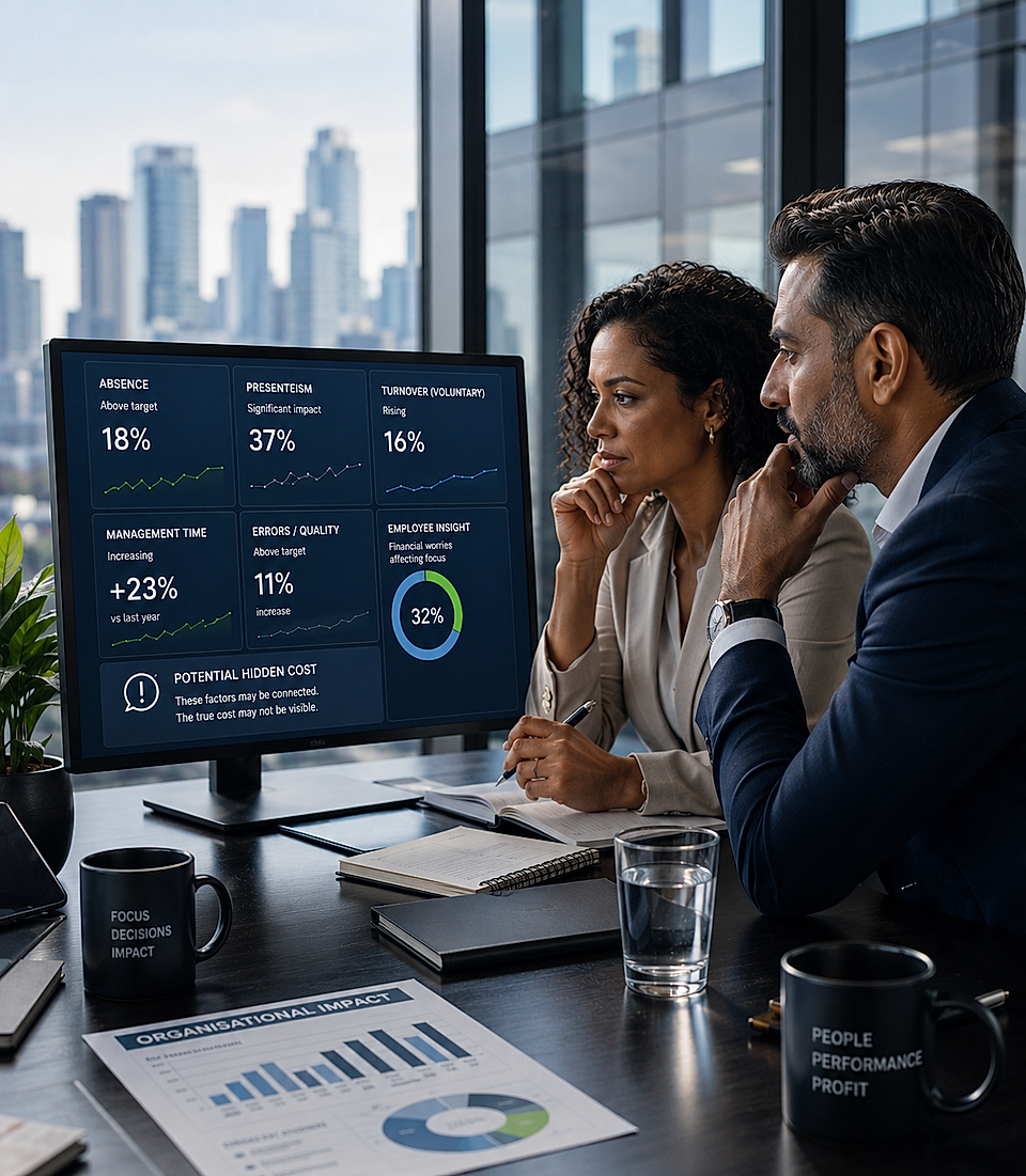 Business meeting viewing employee performance dashboard with charts and key metrics