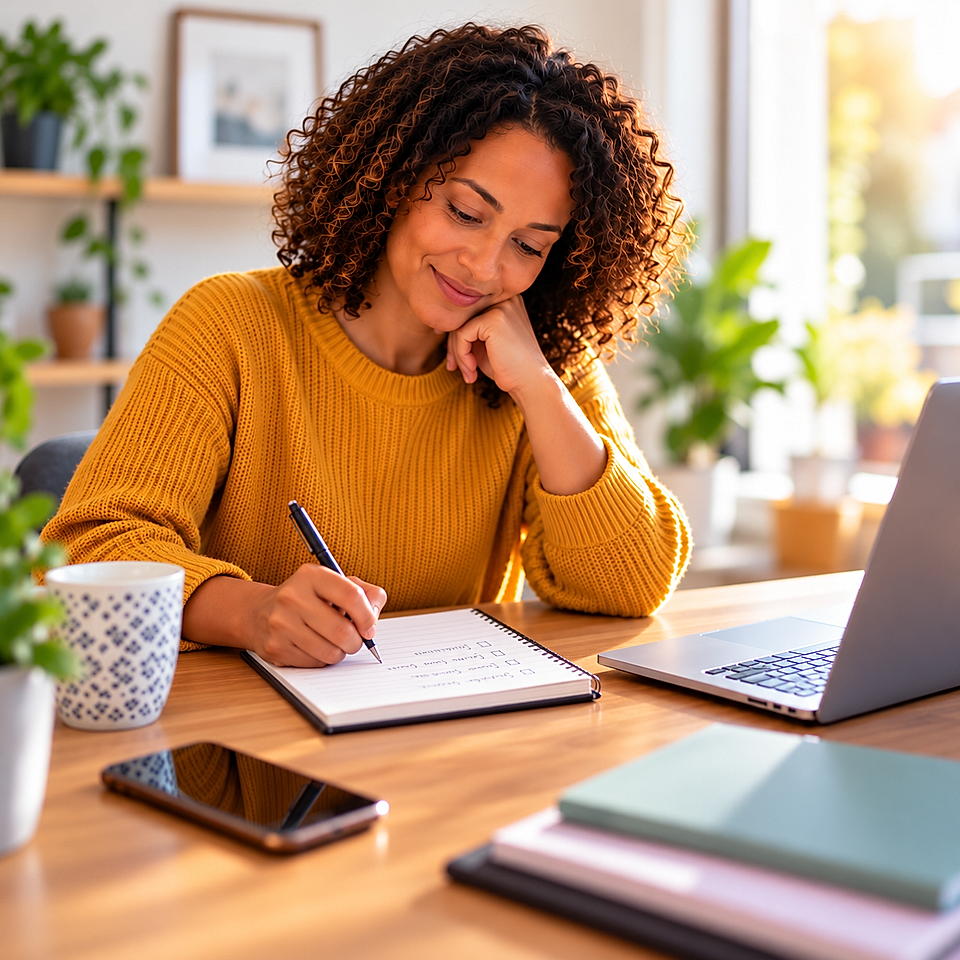 Woman writing in a notebook at a desk with a laptop, phone, and coffee mug