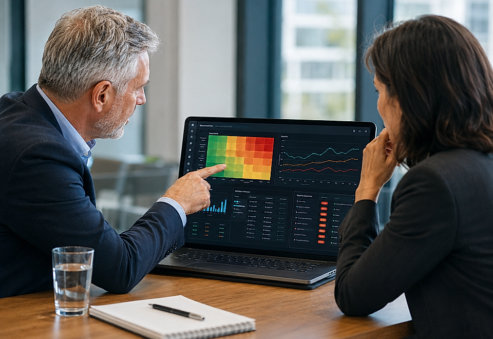 Two people reviewing a laptop dashboard with heatmap and line charts