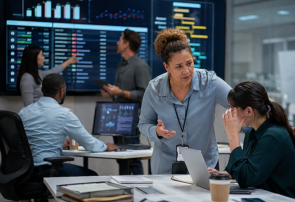 Office team discussing data on large dashboard displays
