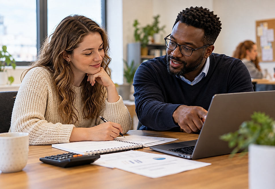 Two coworkers reviewing documents beside a laptop in an office