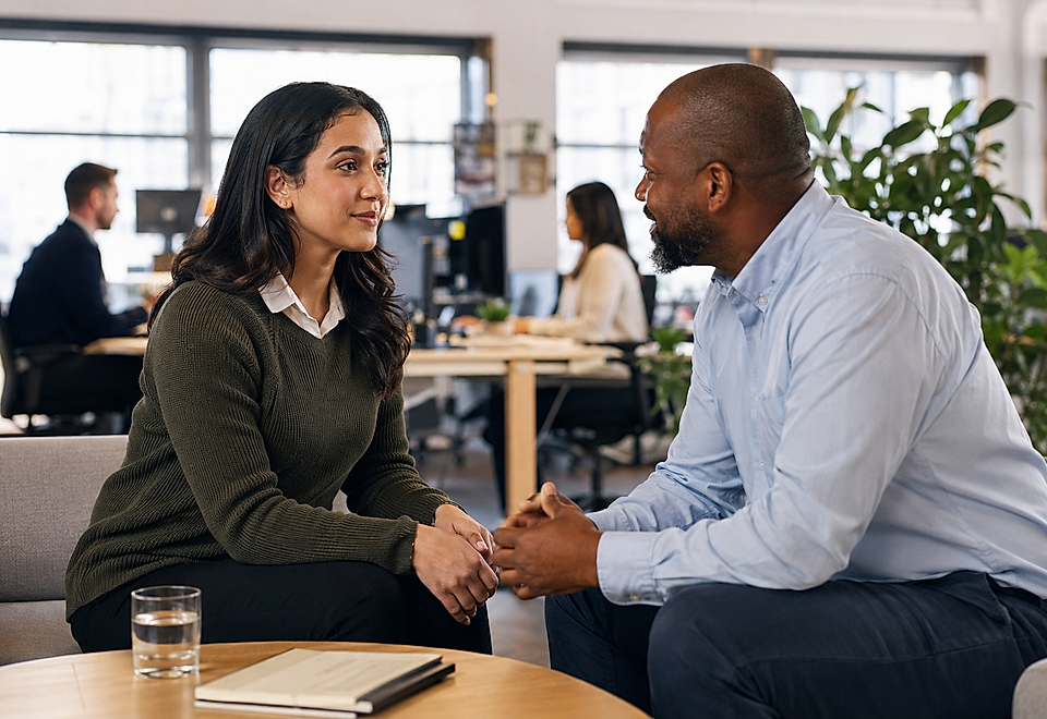 Two coworkers having a conversation in an office lounge