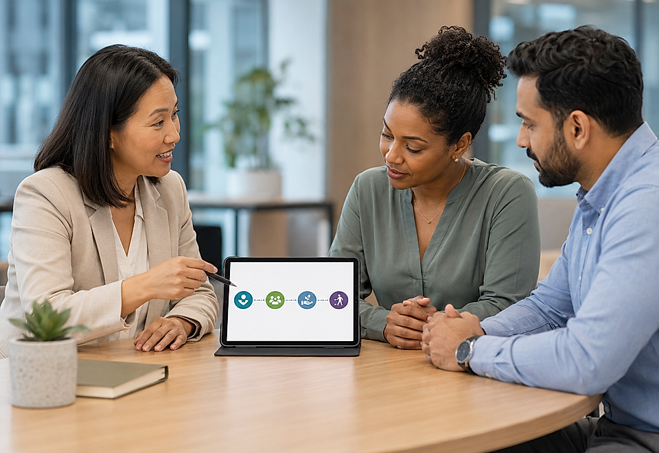 Business meeting with three people discussing a tablet showing icons