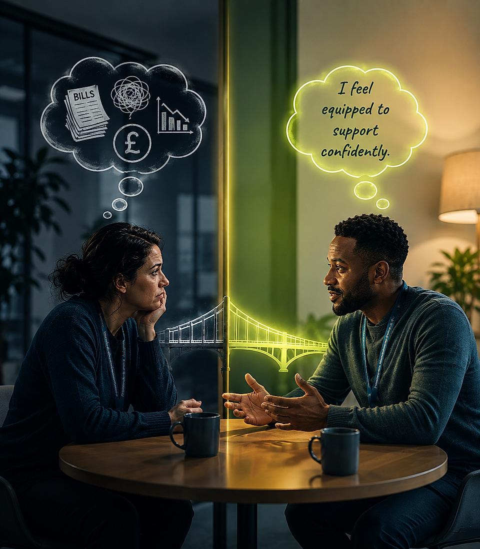 Two people talking at a table with thought bubbles about bills, money, and support.