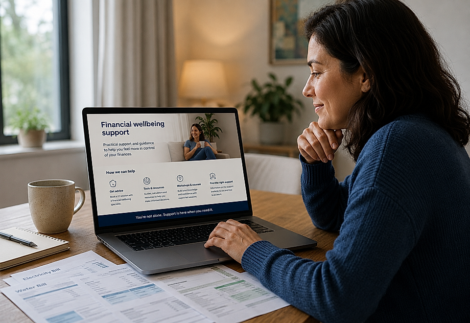 Woman using a laptop showing financial wellbeing support, with bills and a coffee cup on the table.