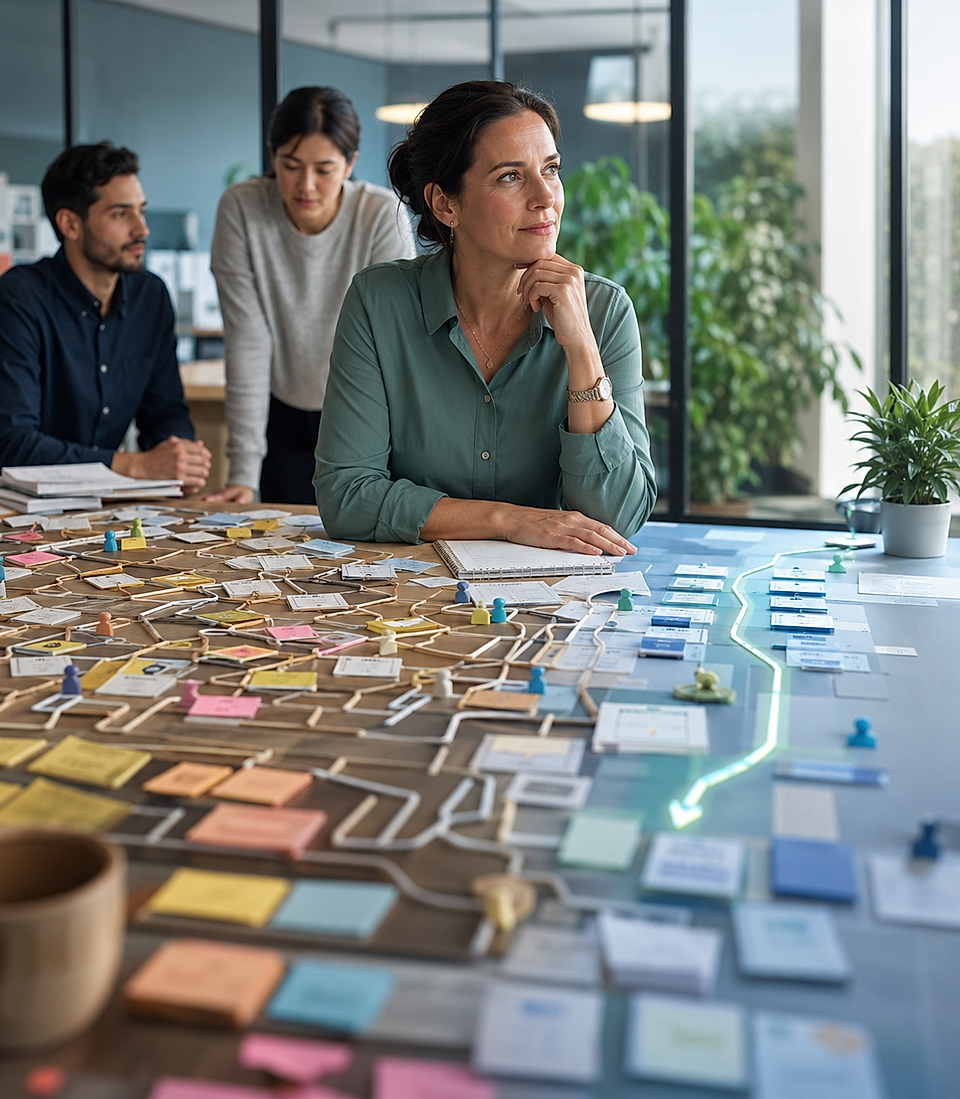 Team collaborating over a strategy board with sticky notes and cards