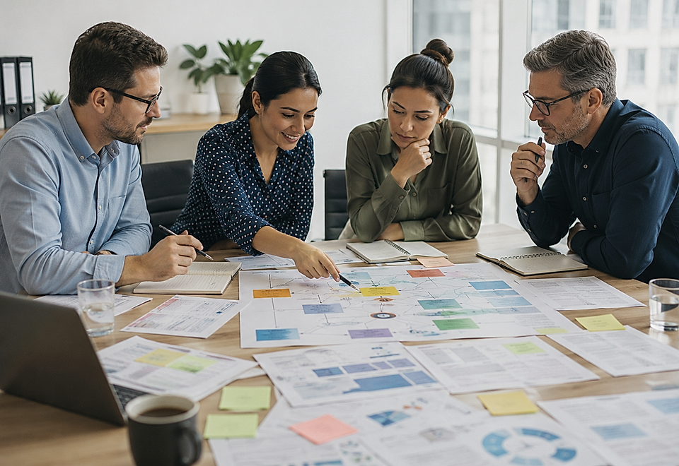 Team meeting around a table covered with charts, notes, and planning documents