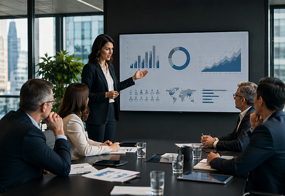 Business meeting with a presenter showing charts on a large screen