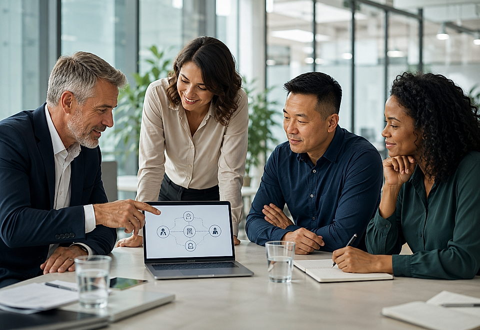 Business team discussing around laptop showing a network diagram in a meeting room