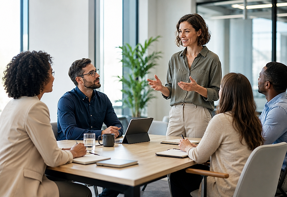 Team meeting in a modern office, with a woman presenting to four seated colleagues around a table.