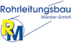 Logo of Rohrleitungsbau Münster GmbH with blue text and yellow-blue RM monogram on black background