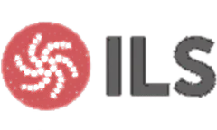 Red circular emblem next to dark gray letters spelling ILS