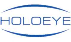 Blue HOLOEYE logo with stylized text inside an oval outline on a black background