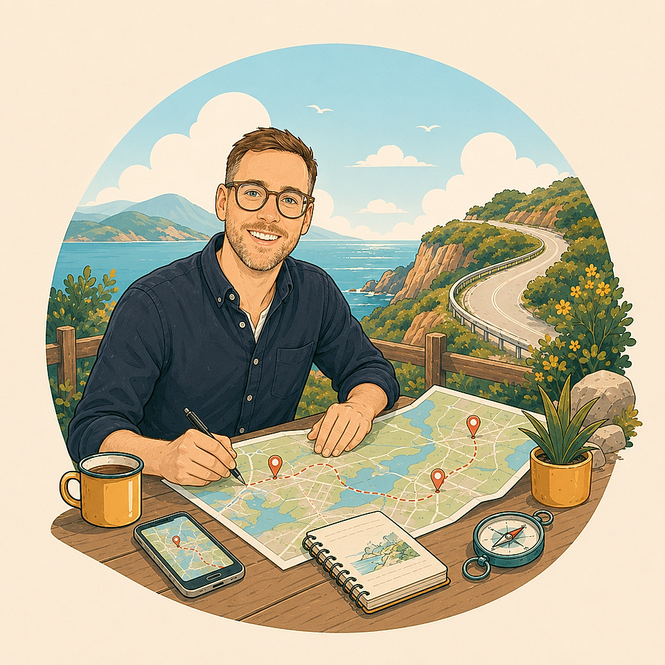 Illustration of a man planning a coastal road trip with maps, a phone, notebook, and compass
