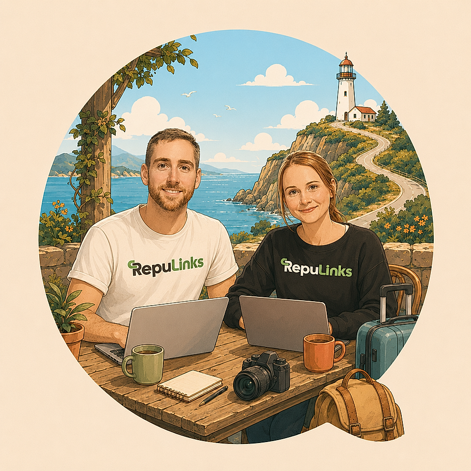 Illustration of two people with laptops at a table by the coast, with a lighthouse in the background.